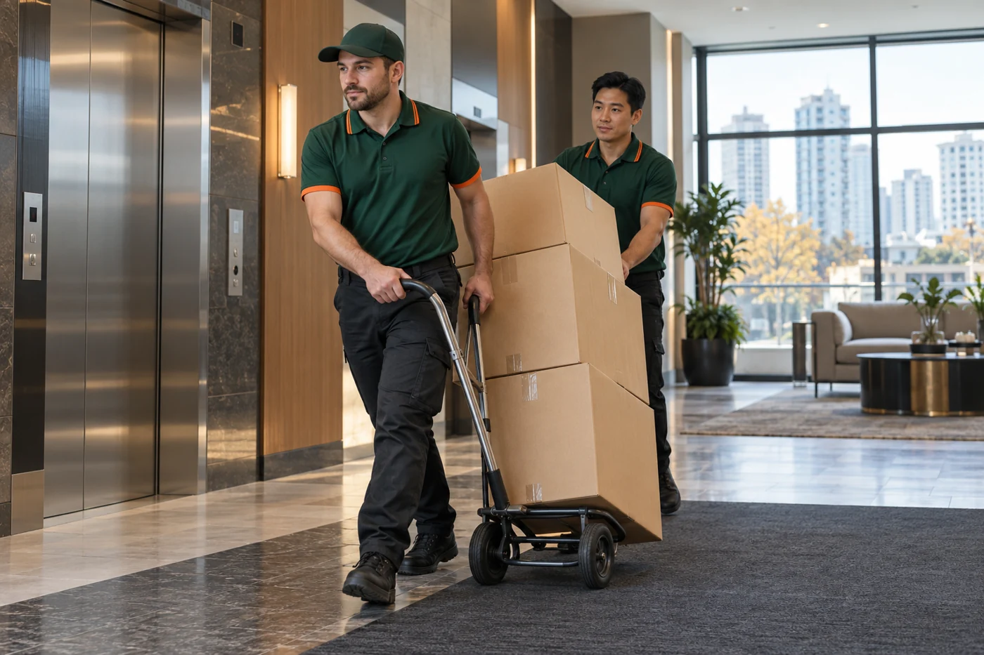 Movers transporting boxes through an apartment lobby