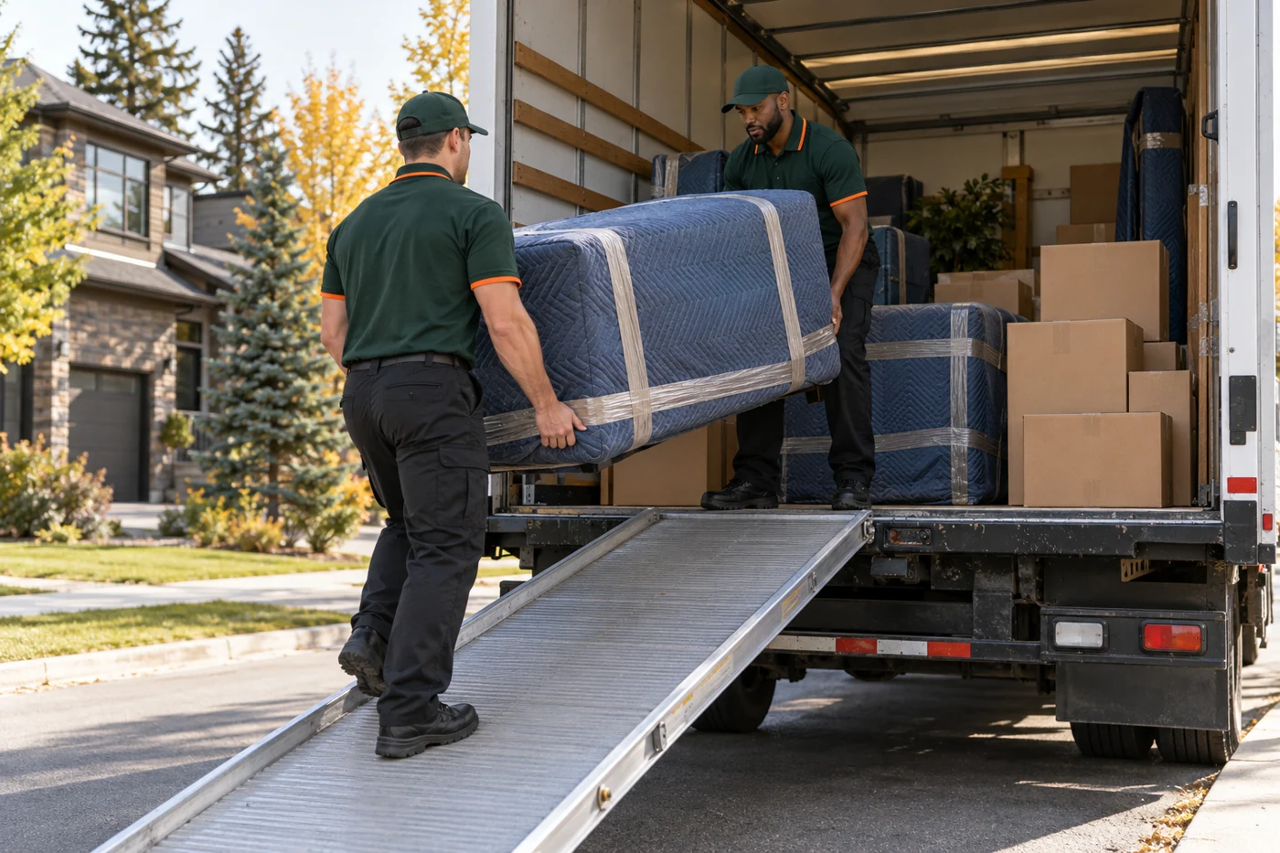Movers safely loading protected furniture using a truck ramp
