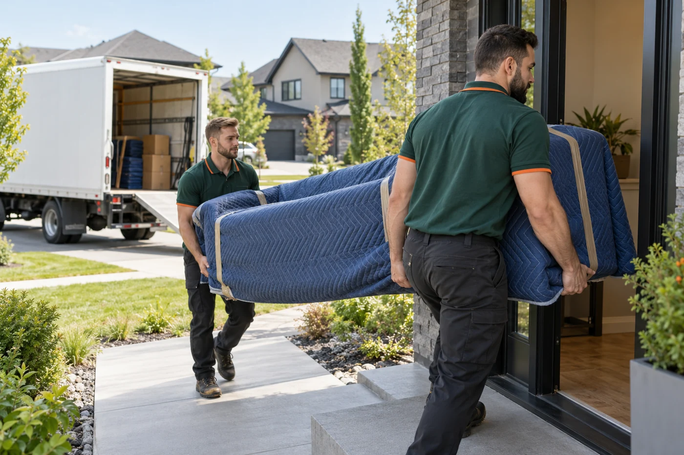 Professional movers protecting furniture during a residential move