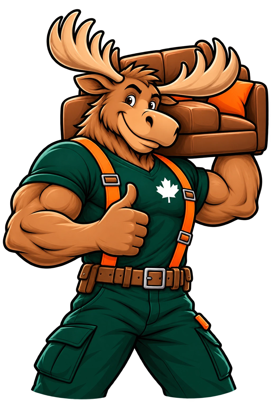 Moose Muscle mascot carrying a sofa and giving a thumbs up
